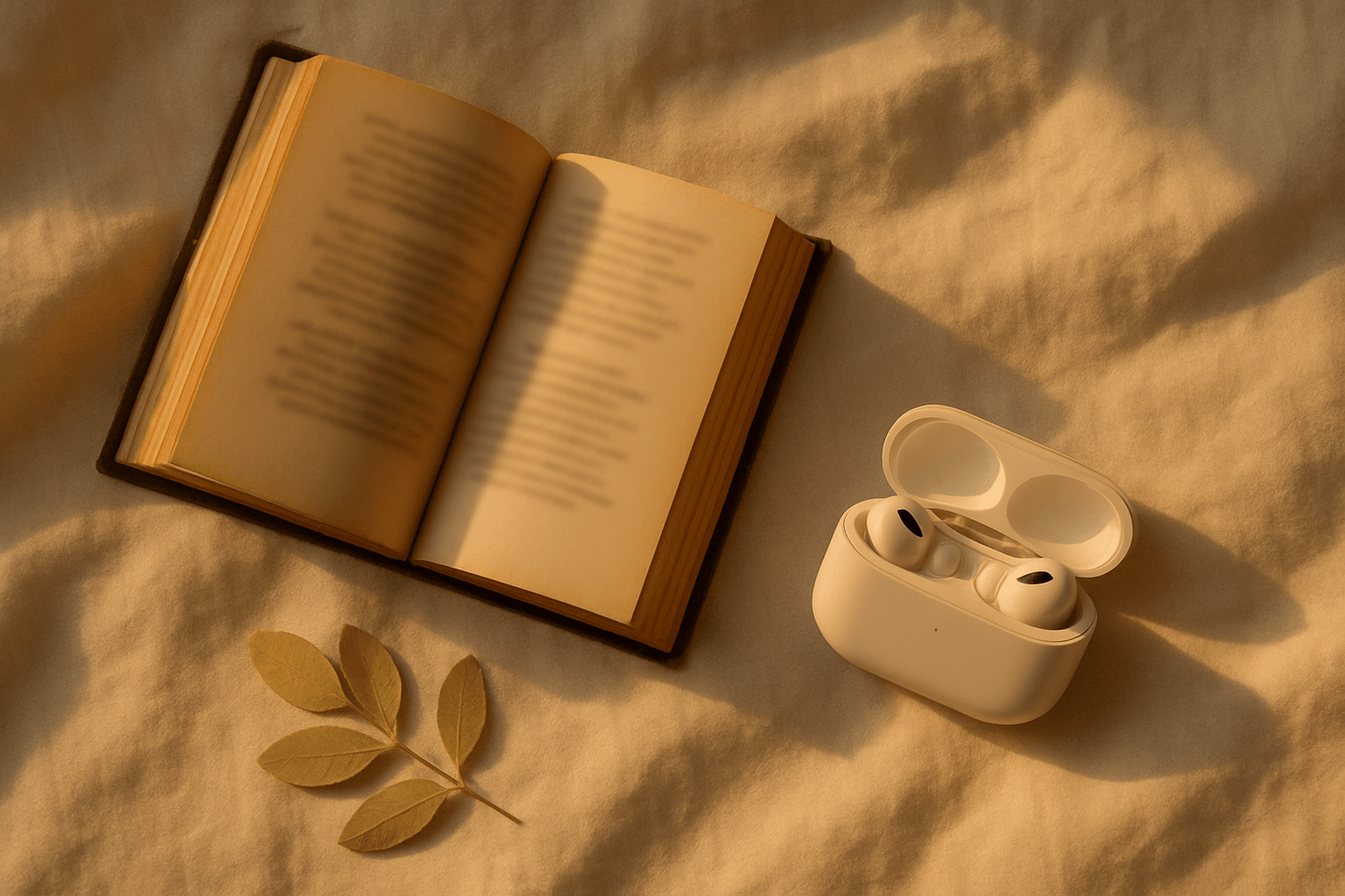 Classic Poetry for Calm (Audio Set + Mini Booklet) - Sleep Anxiety Reset Vintage poetry book with earbuds on linen — Classic Poetry for Calm