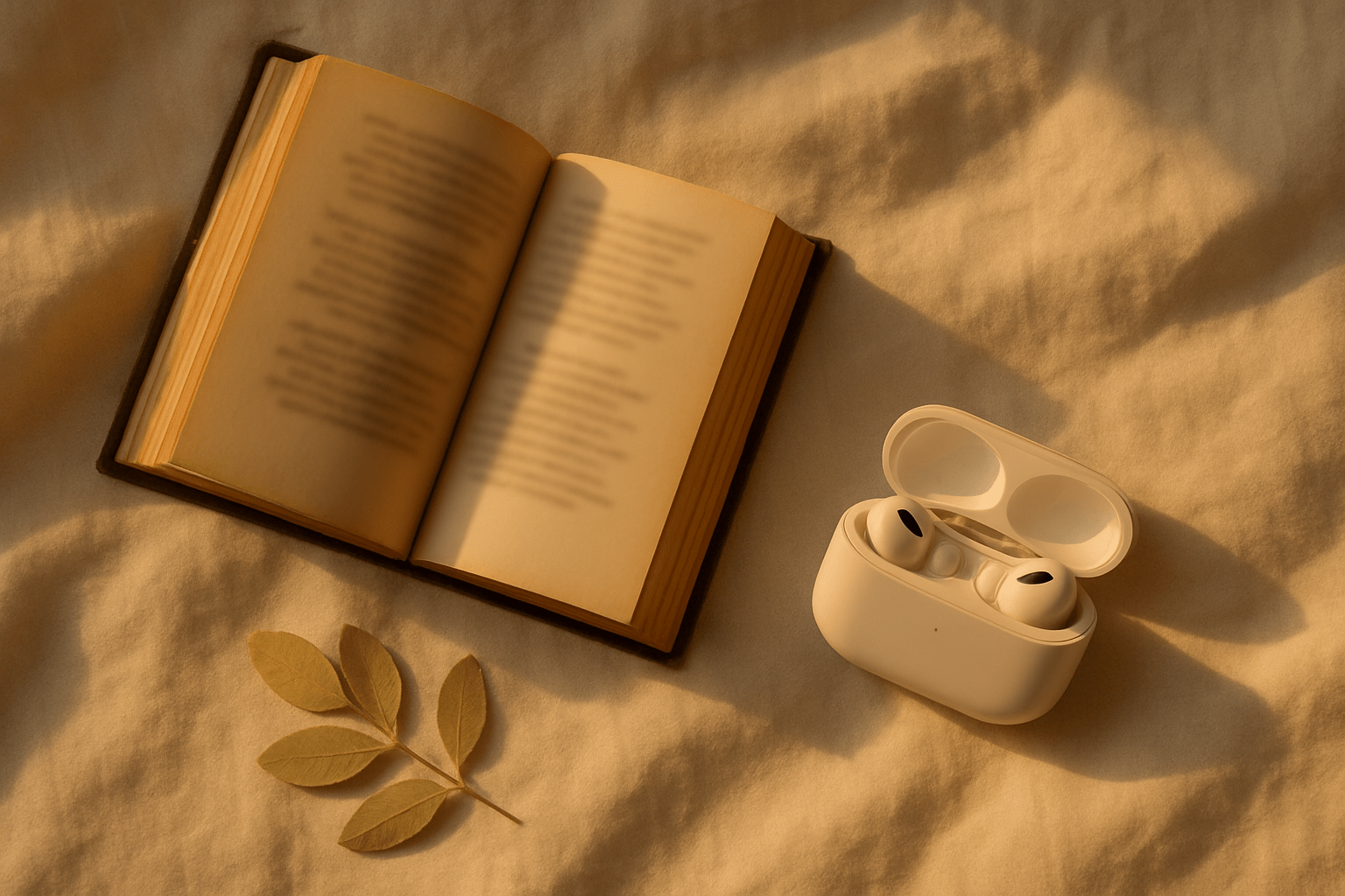 Classic Poetry for Calm (Audio Set + Mini Booklet) - Sleep Anxiety Reset Vintage poetry book with earbuds on linen — Classic Poetry for Calm