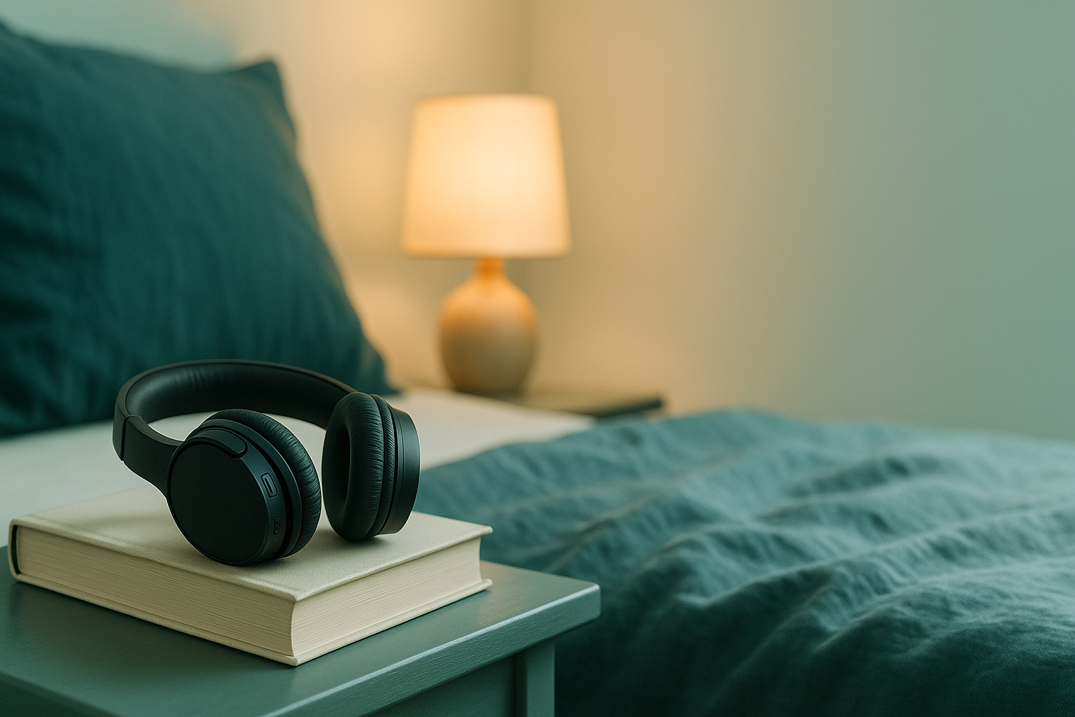 Sleep Stories — 2400×900
Generate a 2400×900 photorealistic editorial banner of a calm bedside scene at dusk: wireless headphones resting on a closed hardcover book on a nightstand, soft linen folds, warm bedside lamp glow, shallow depth of field. Palette: deep teal #094C40, emerald #0E6555, soft whites #F5FBF9, mint accent #C8F0E8. Composition: left-third subject, clean negative space to the right. Mood: serene, cozy, quiet. No text on image, no logos, no faces, no harsh blue light.