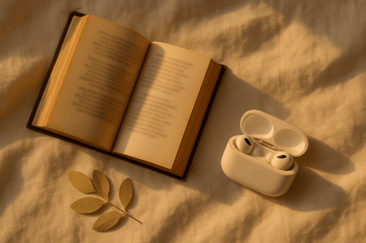 Classic Poetry for Calm (Audio Set + Mini Booklet) - Sleep Anxiety Reset Vintage poetry book with earbuds on linen — Classic Poetry for Calm