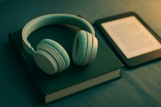 Sleep Story Library, Vol. 1 (Audio + PDF) - Sleep Anxiety Reset Headphones on a book with a blurred guide on a tablet — Sleep Story Library